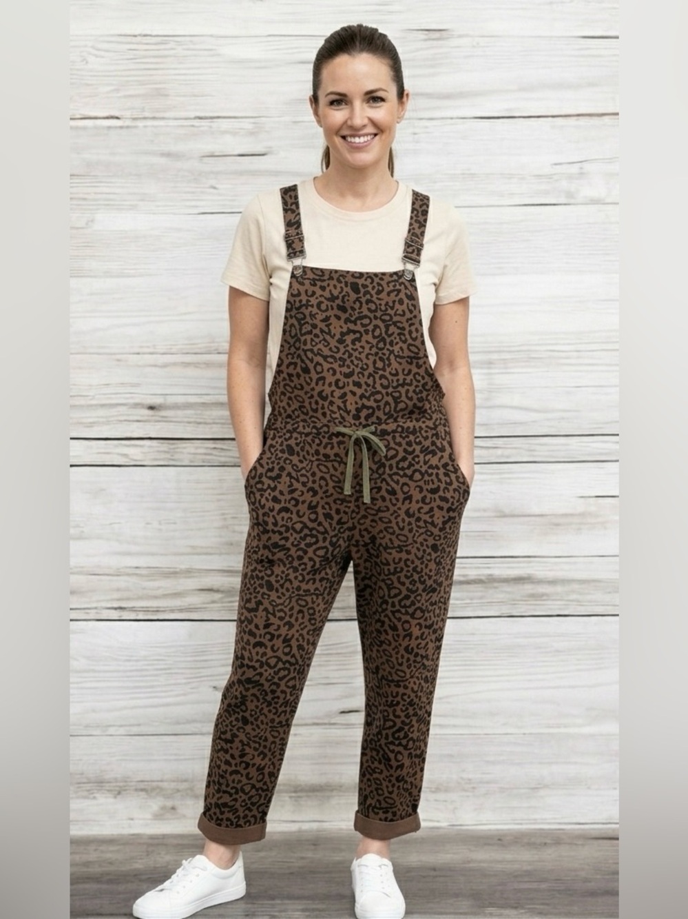 Blue Buttercup brand. Leopard Print Utility Overalls in Brown. Size M